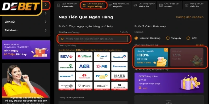 Nạp qua ngân hàng là hình thức phổ biến với nhiều lựa chọn